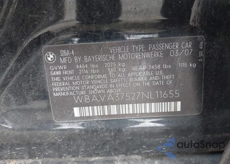 2007 BMW 328I из США, поврежденный, VIN WBAVA37527NL11655